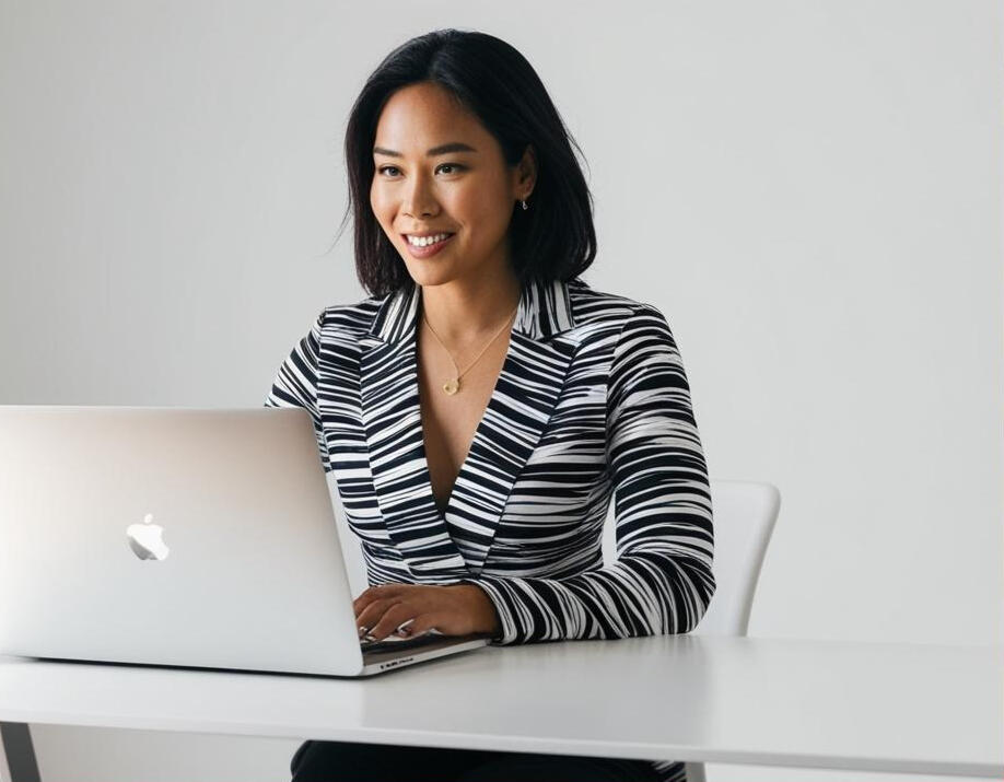 Woman in a black and white suite working at desk with laptop