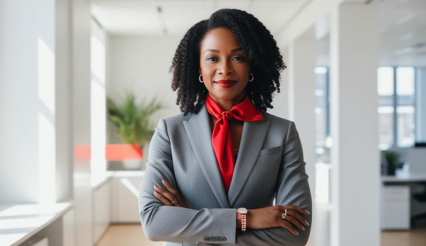 Women in grey suit with red neck tie.