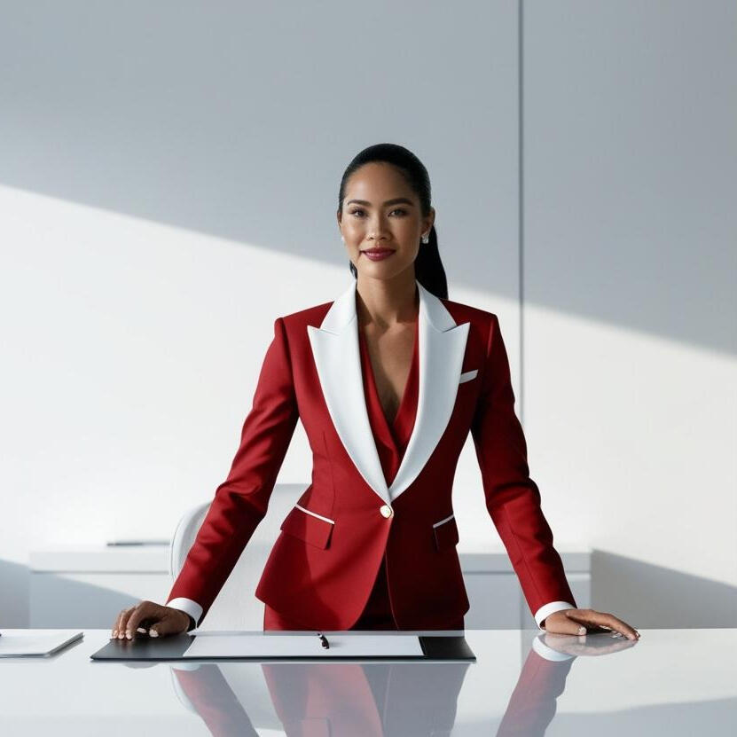 What We Do Woman in a red suit standing at a desk